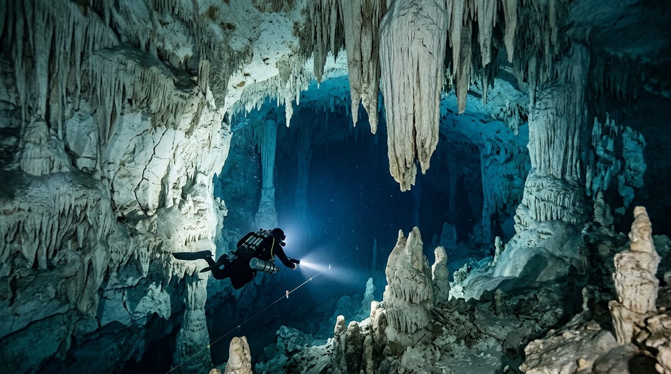 Cave diver illuminating massive stalactite formations in the vast white limestone passages of El Dorado Blue Hole