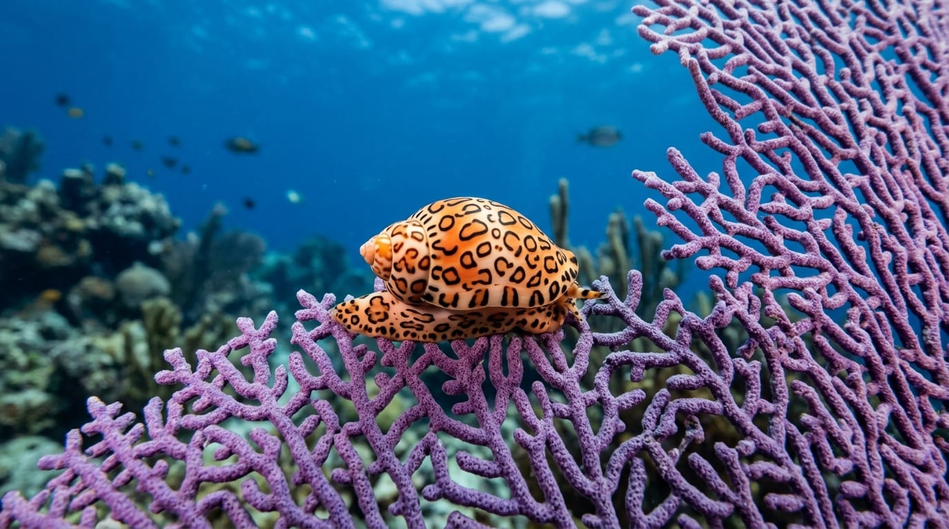 Close-up of flamingo tongue snail with leopard-spotted mantle on purple sea fan at Flamingo Tongue Reef