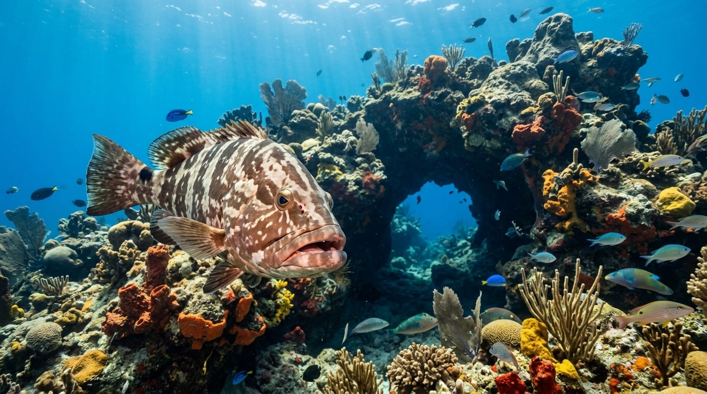 Large Nassau grouper approaching divers in Fowl Cay National Reserve with coral-covered tunnel entrance visible behind