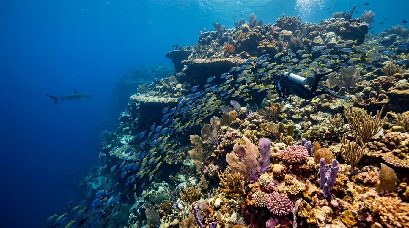 Diver swimming above massive terraced coral platforms of the Giant Staircase with schools of tropical fish and a Caribbean reef shark visible in the blue distance