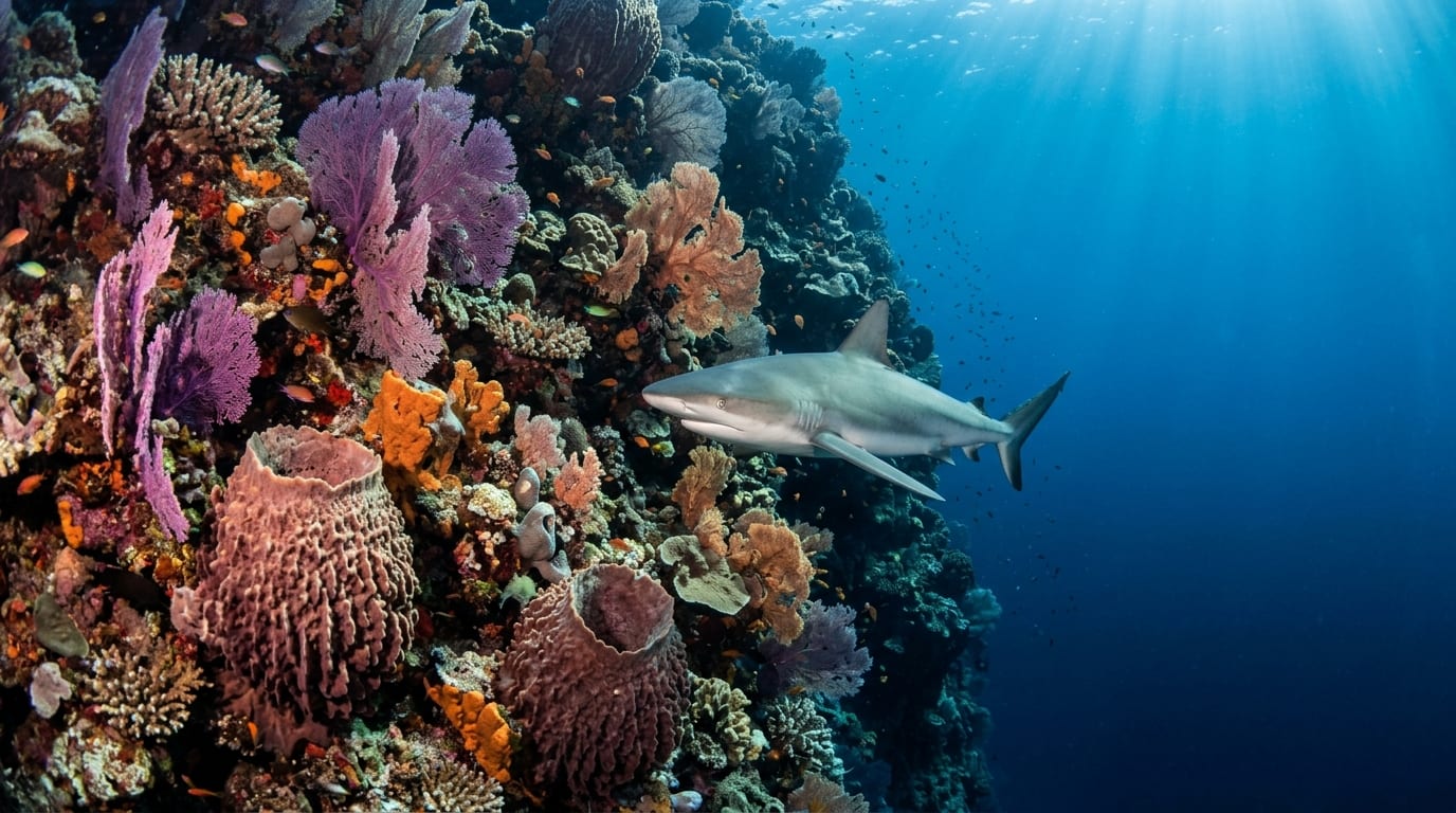 Blacktip Caribbean reef shark cruising along the coral wall at Goat Cay Wall dive site in Andros Bahamas with sea fans visible