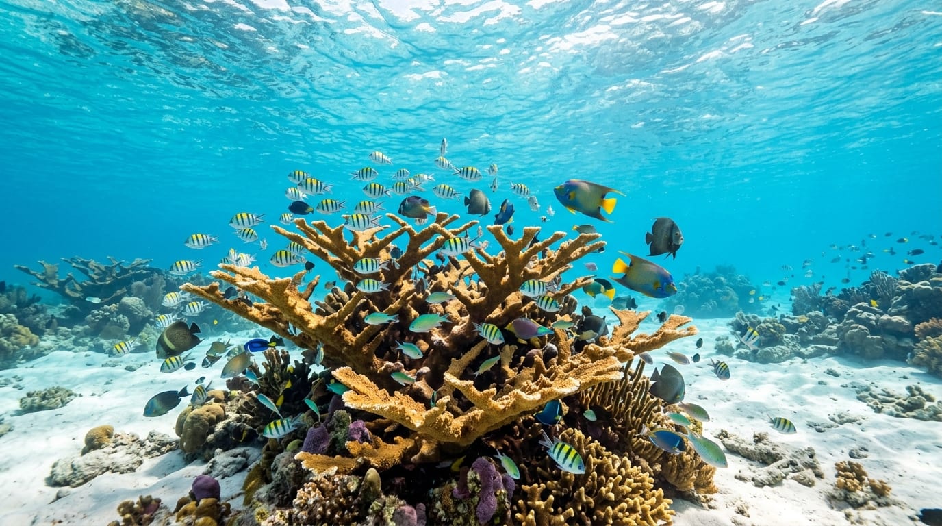 Vibrant elkhorn coral reef at Goulding Cay with schools of tropical fish in clear shallow water
