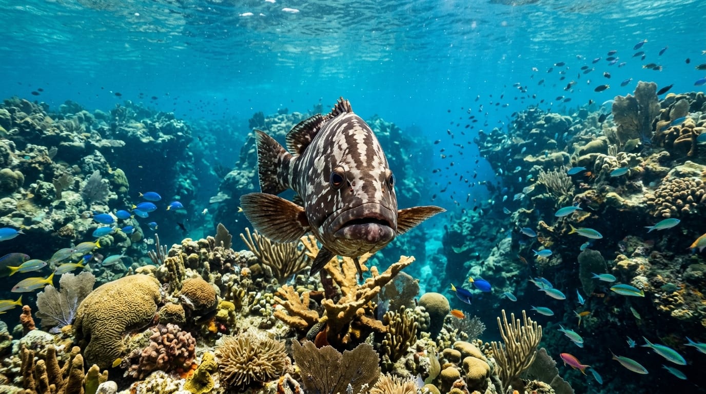 Large Nassau grouper approaching a diver over a coral reef with swim-through gullies visible
