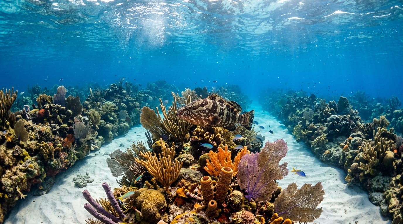 Spur-and-groove coral reef at Grouper Valley with a Nassau grouper hovering near a coral head