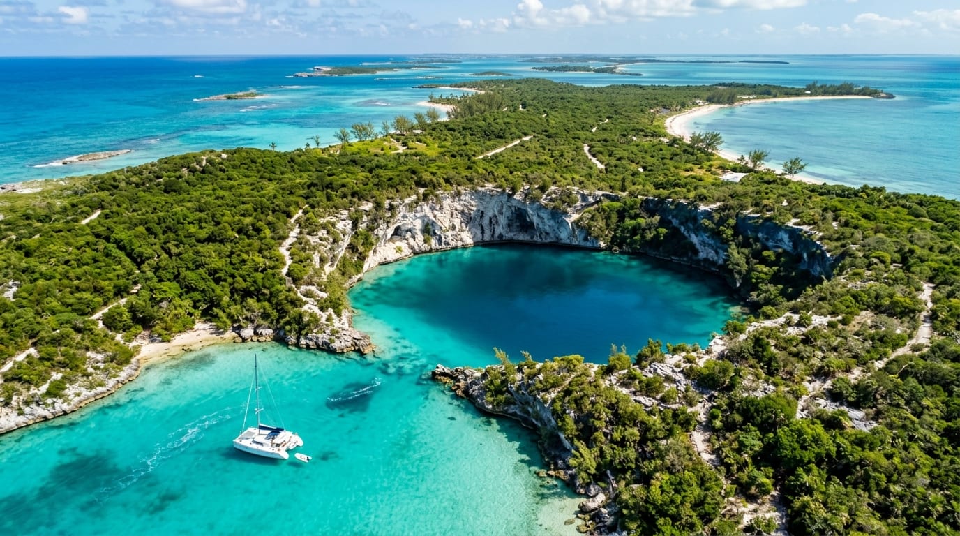 Aerial view of Hoffmans Cay Blue Hole, a massive turquoise pool surrounded by limestone cliffs and native vegetation
