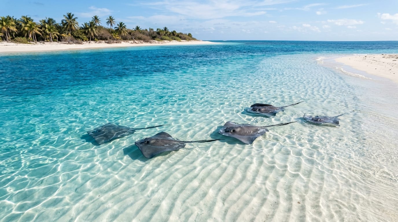 Southern stingrays gliding over white sand in crystal-clear shallow water at Honeymoon Harbour, Gun Cay, with tropical blue sky reflected on the calm surface