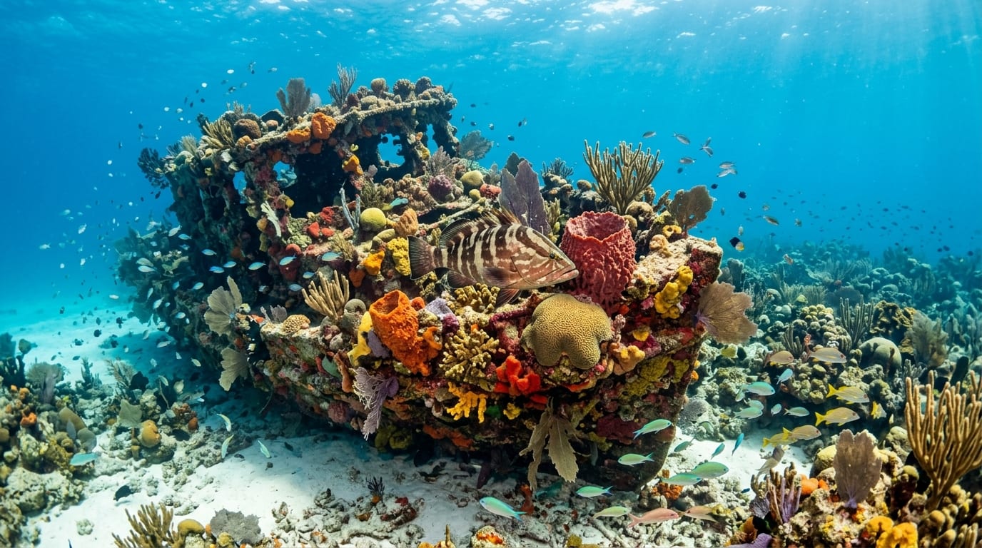 Coral-encrusted Jeep resting on the reef with large Nassau grouper swimming nearby in the protected marine park