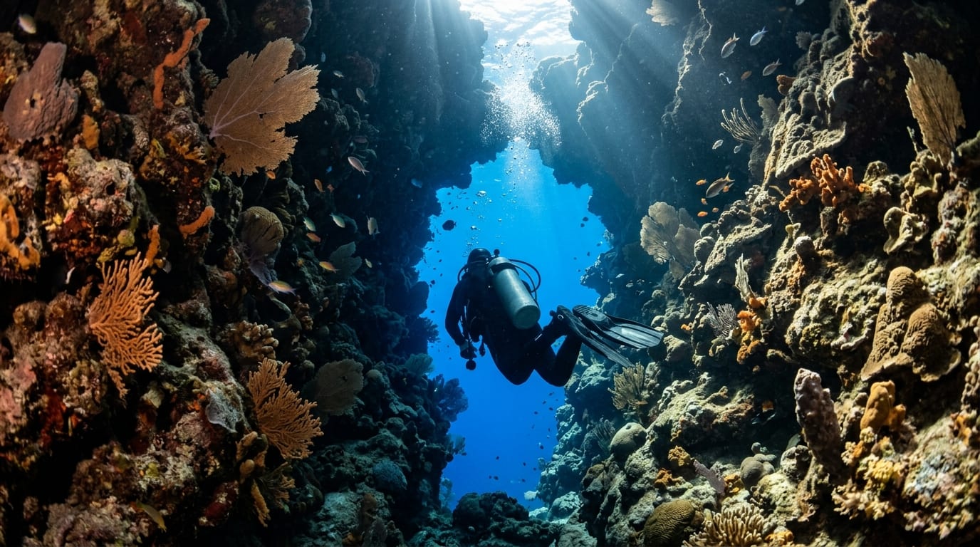 Diver exploring a narrow underwater crevice with coral walls leading to open blue water