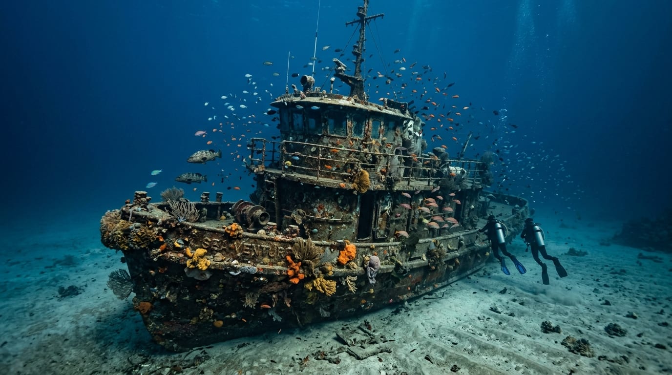 The intact triple-deck tugboat La Rose wreck sitting upright on the seabed with coral growth on its hull