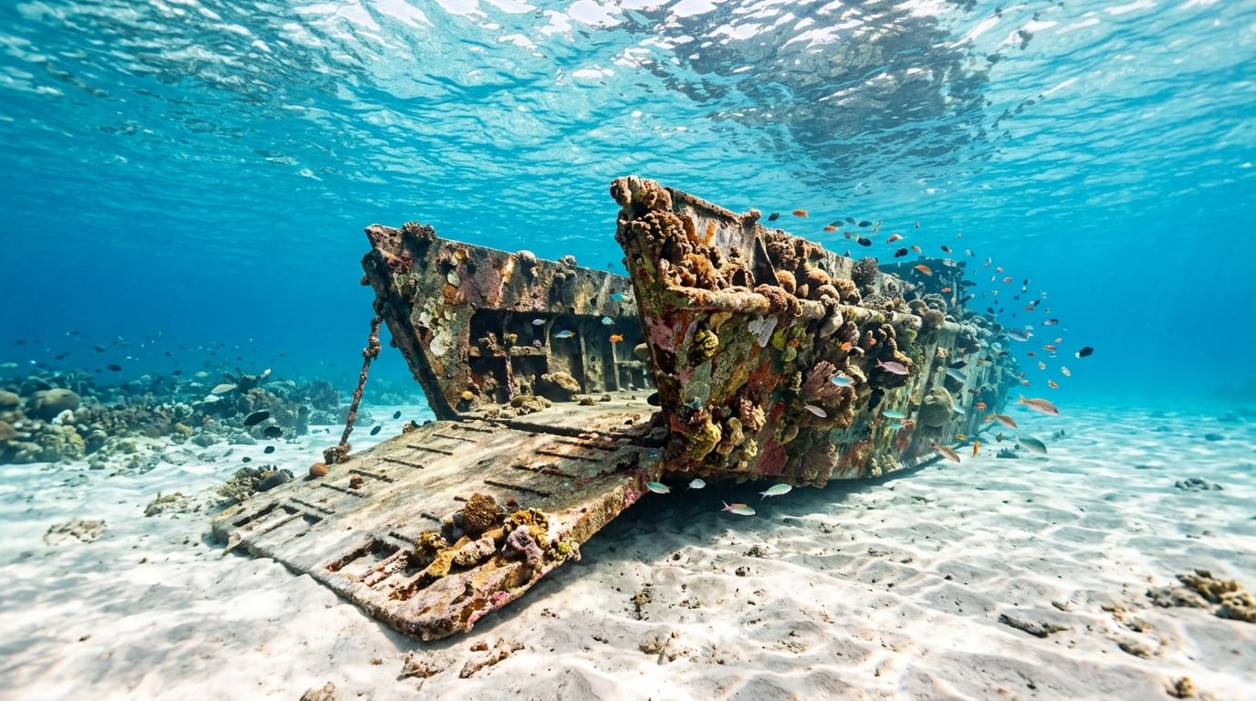 The flat-bottomed hull of a World War II landing craft wreck resting on sandy bottom in shallow clear water