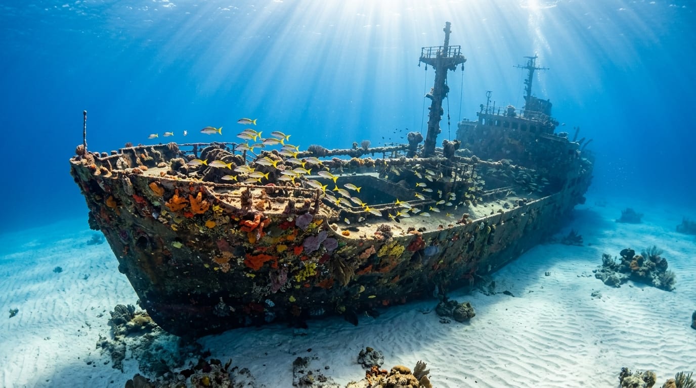 Scuba diver exploring the bow of the MV Comberbach wreck covered in coral and sponges resting upright on sandy bottom