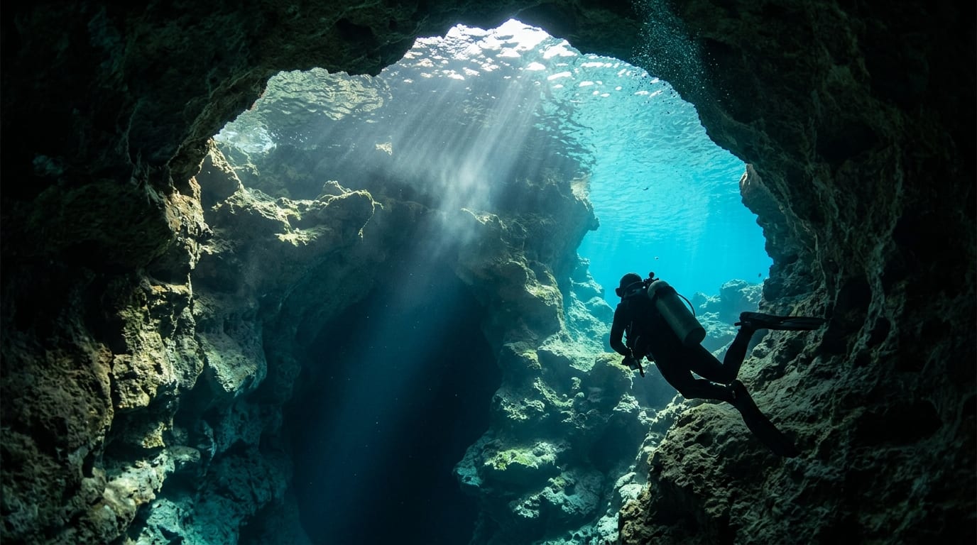 Diver descending into the dark entrance of Mystery Cave with sunlight streaming through the shallow opening above