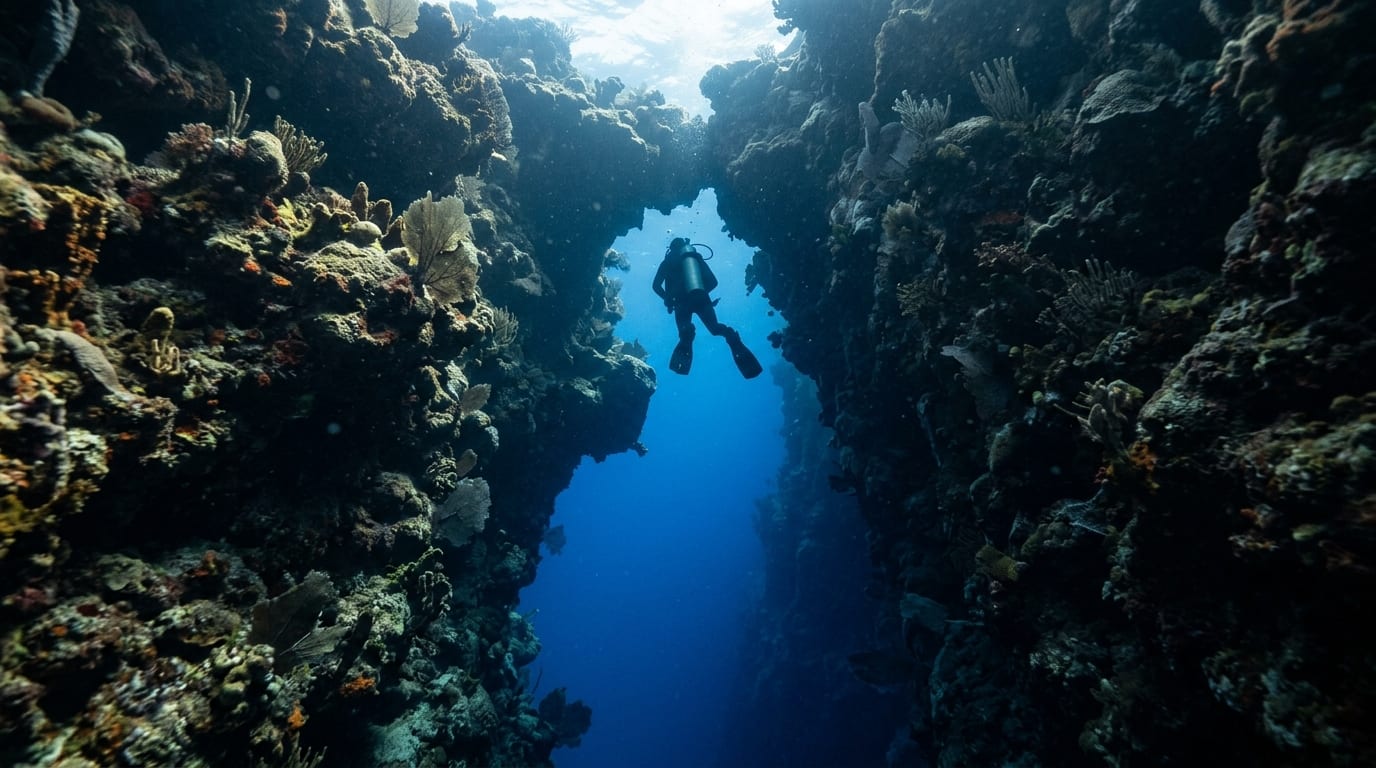 Diver descending through the vertical chimney at North Pole Cave with sunlight streaming from above and the deep blue wall visible below