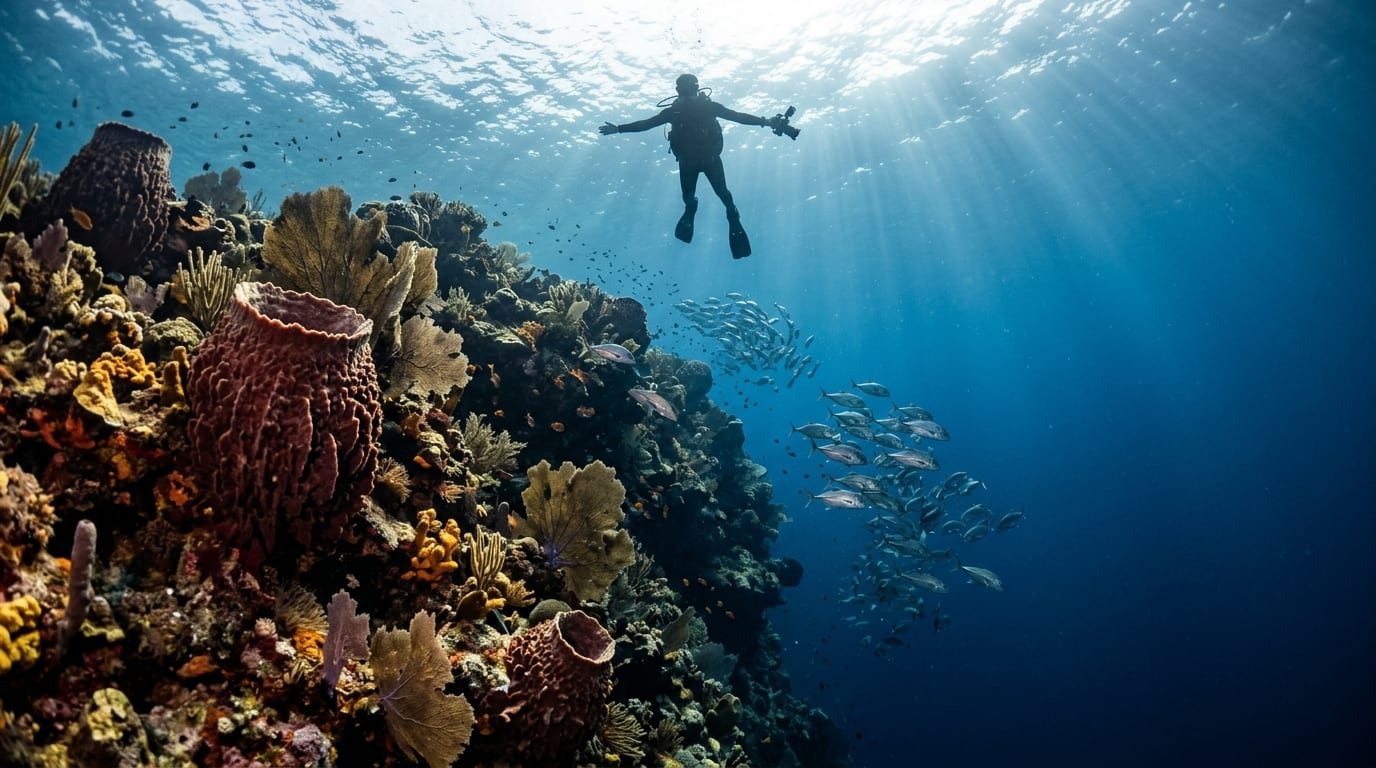Scuba diver descending along a dramatic vertical coral wall disappearing into deep blue water at Over the Wall dive site in Andros Bahamas