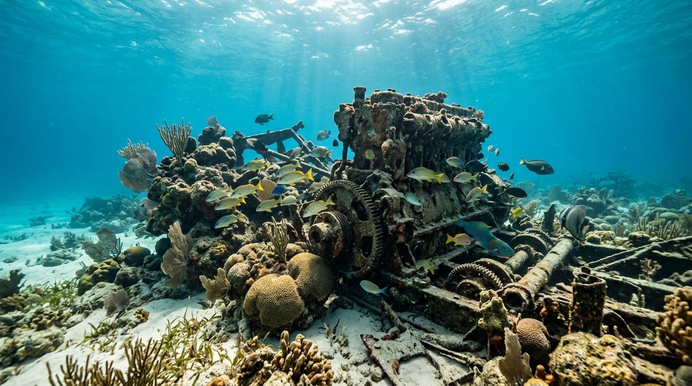 Scattered engine blocks and wreckage of the Papa Doc shrimp boat resting among coral heads on Grand Bahama's reef