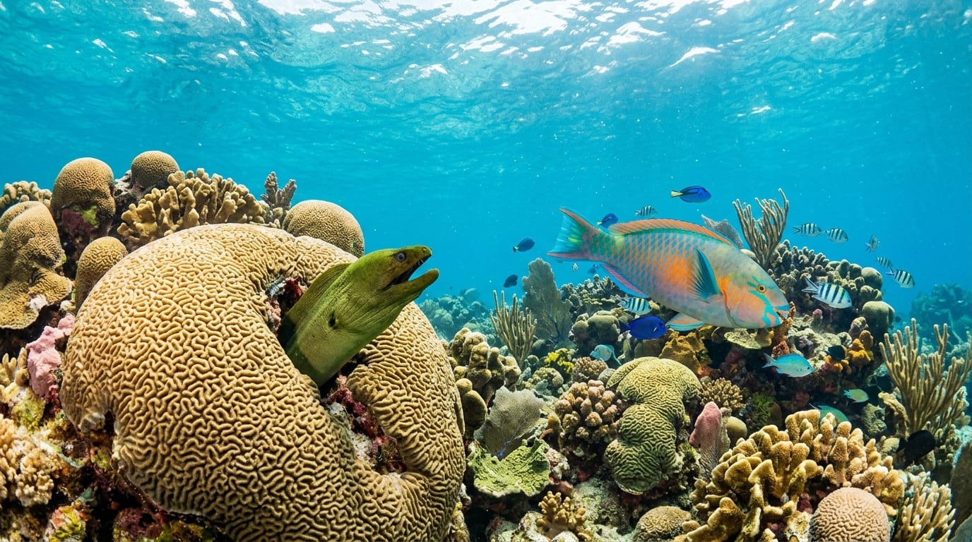 Colorful star coral formations at Picasso Gallery with green moray eel peering from crevice and parrotfish swimming past