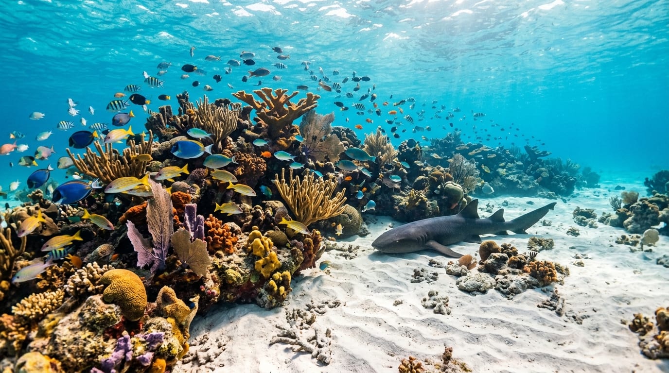 Colorful coral formations at Rainbow Reef with schools of tropical fish and a nurse shark resting on the sandy bottom in shallow clear water