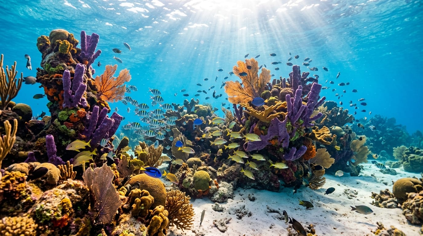 Colorful coral pillars at Rainbow Reef dive site in Bimini, with schools of tropical fish swimming among purple sponges and orange sea fans in crystal-clear shallow water