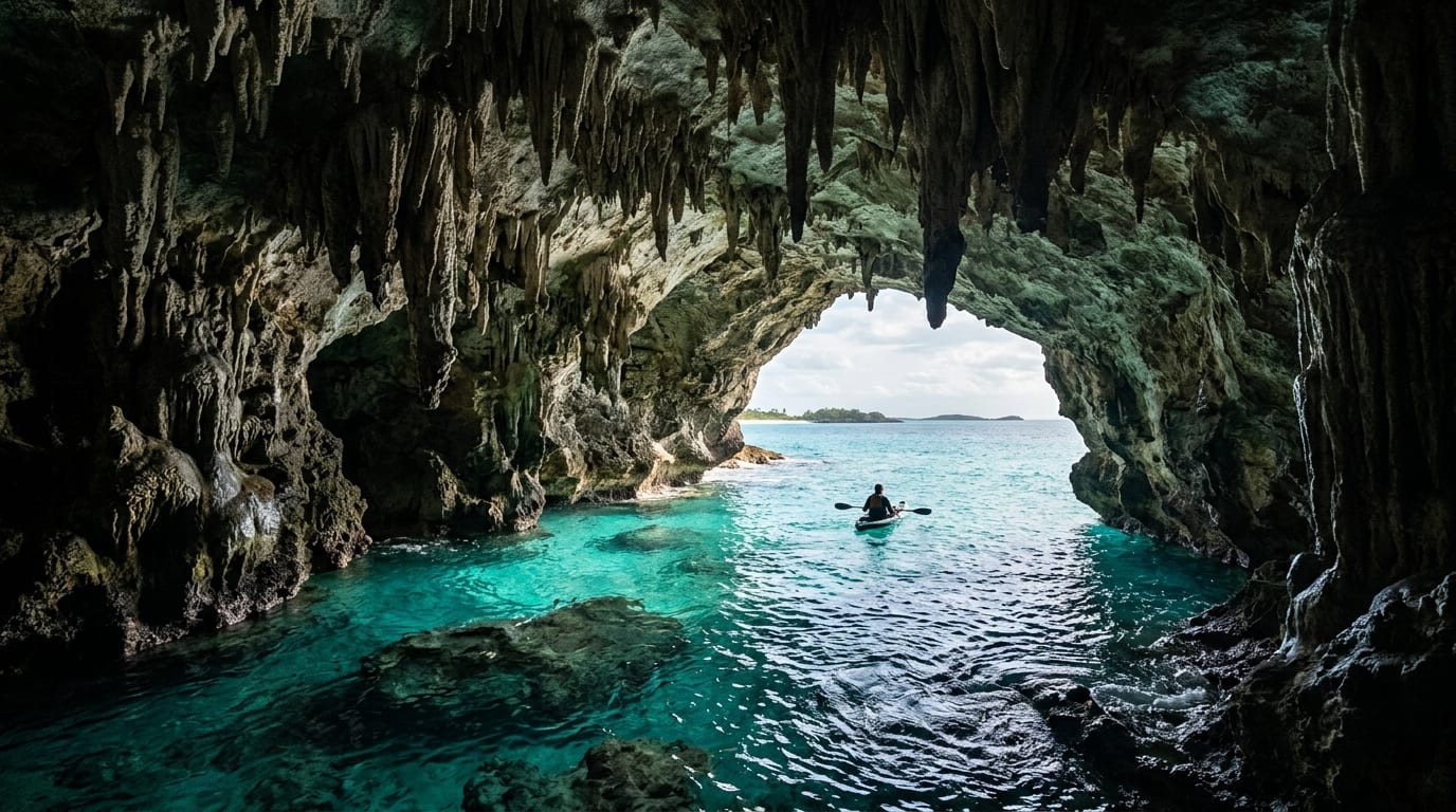 Interior of Rocky Dundas cave showing stalactites hanging from the ceiling with turquoise water below in the Exuma Cays Land and Sea Park