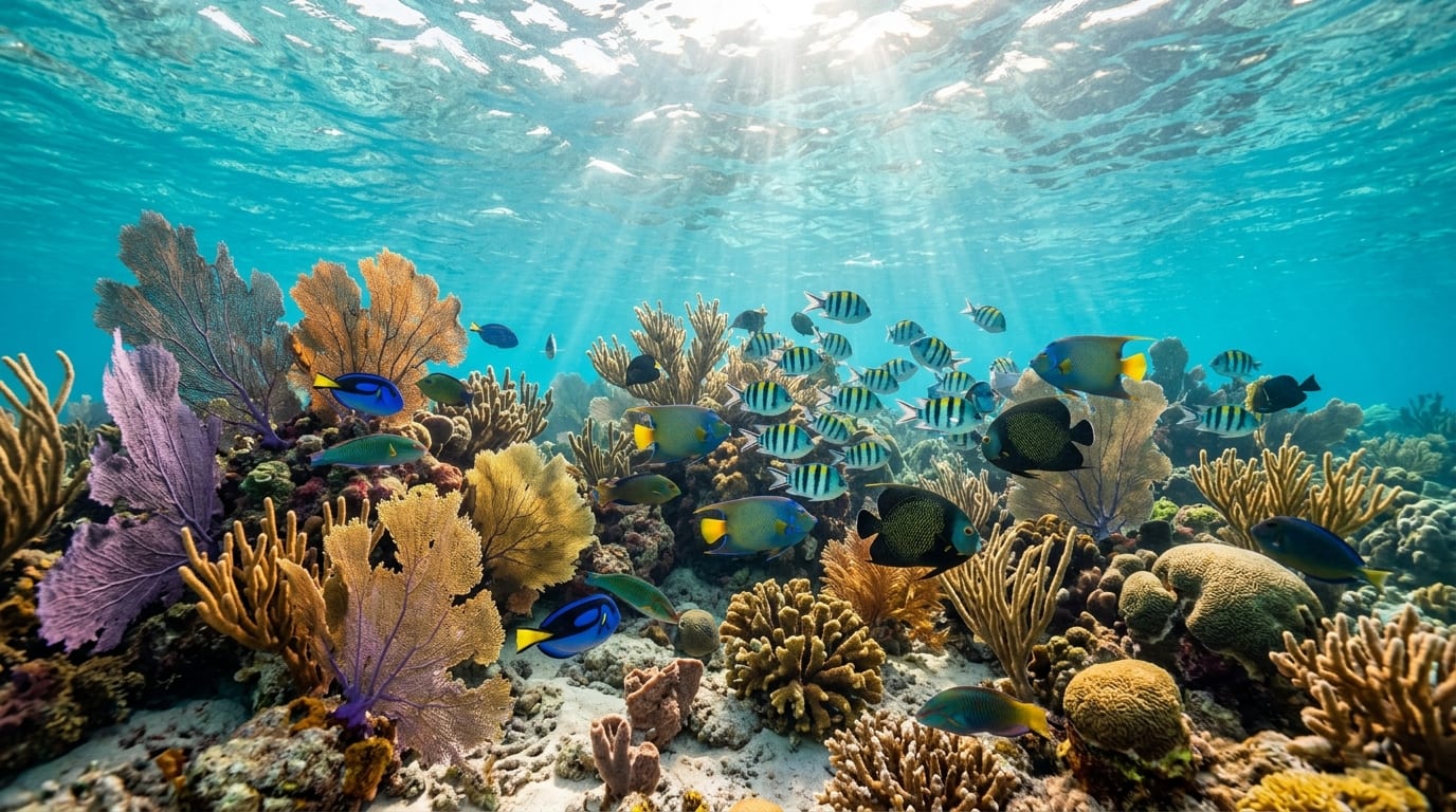 Colorful coral reef with tropical fish and sea fans in the protected Sea Gardens marine area near Nassau