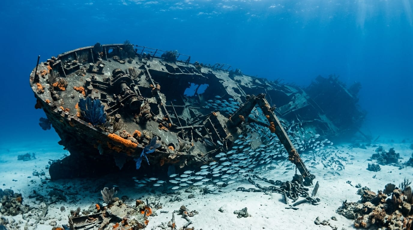 Hurricane-damaged Sea Star II wreck with twisted steel hull sections on sandy bottom colonized by coral growth
