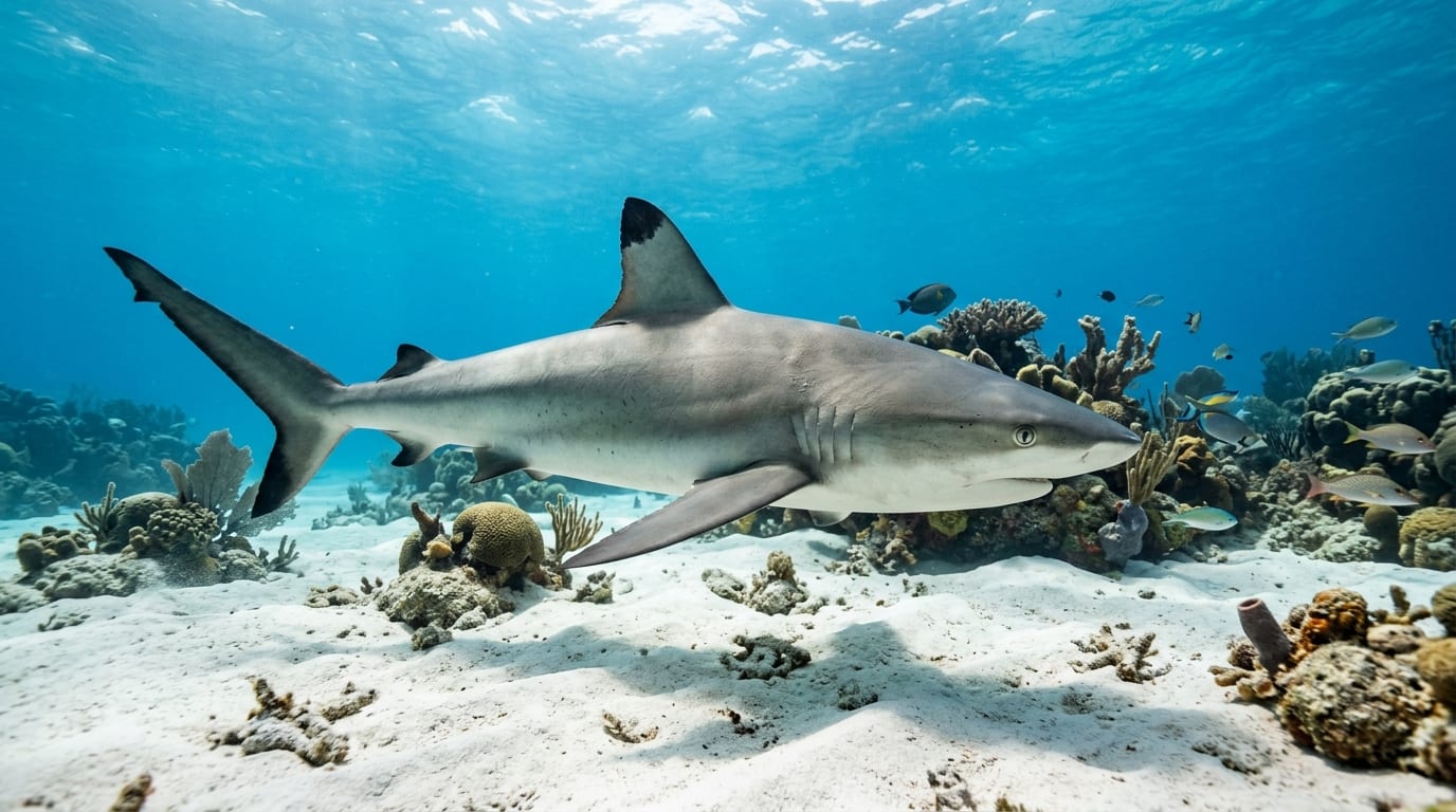 Caribbean reef shark swimming over sandy bottom at Shark Reef dive site with coral heads in background
