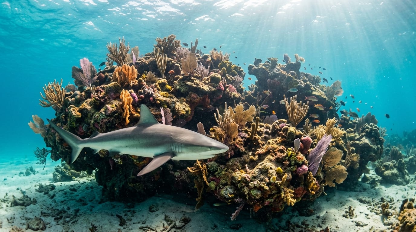 Caribbean reef shark swimming past Split Coral Head with the fractured coral mound and soft corals visible behind