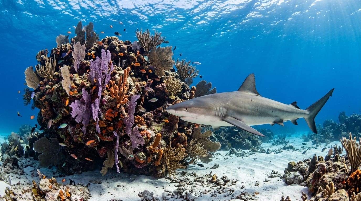 Caribbean reef shark swimming past colorful soft coral covered formation with purple sea fans and orange sponges in clear blue water