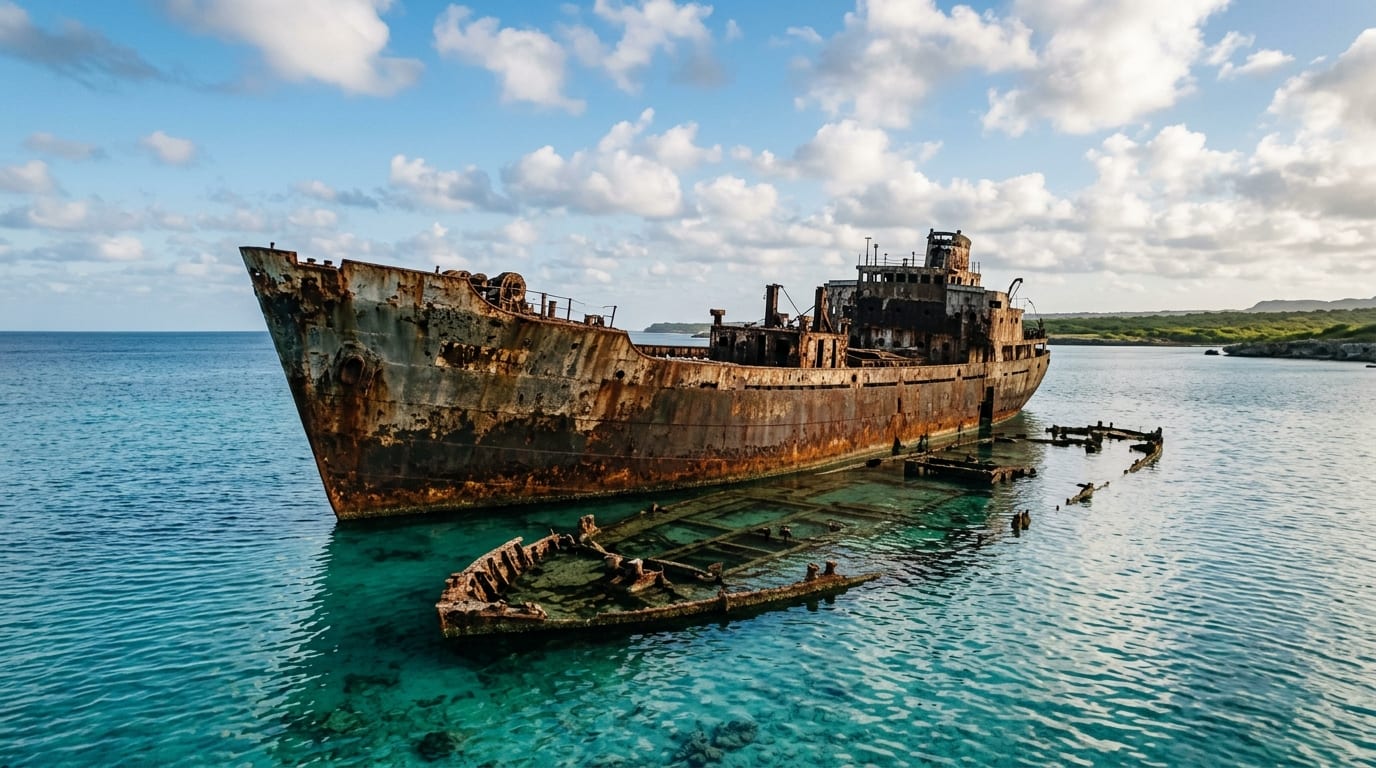 The rusted hull of the SS Sapona shipwreck breaking the surface of calm turquoise water off South Bimini, with the underwater portion visible through crystal-clear shallows