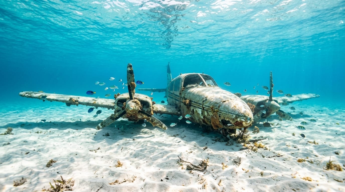Sunken aircraft resting on white sand in shallow turquoise water near Staniel Cay with tropical fish swimming around its wings