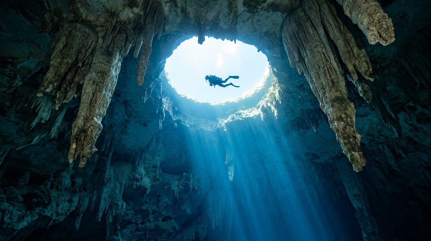 Diver descending through the circular opening of Stargate Blue Hole with stalactites visible along the cave walls and blue water glowing below