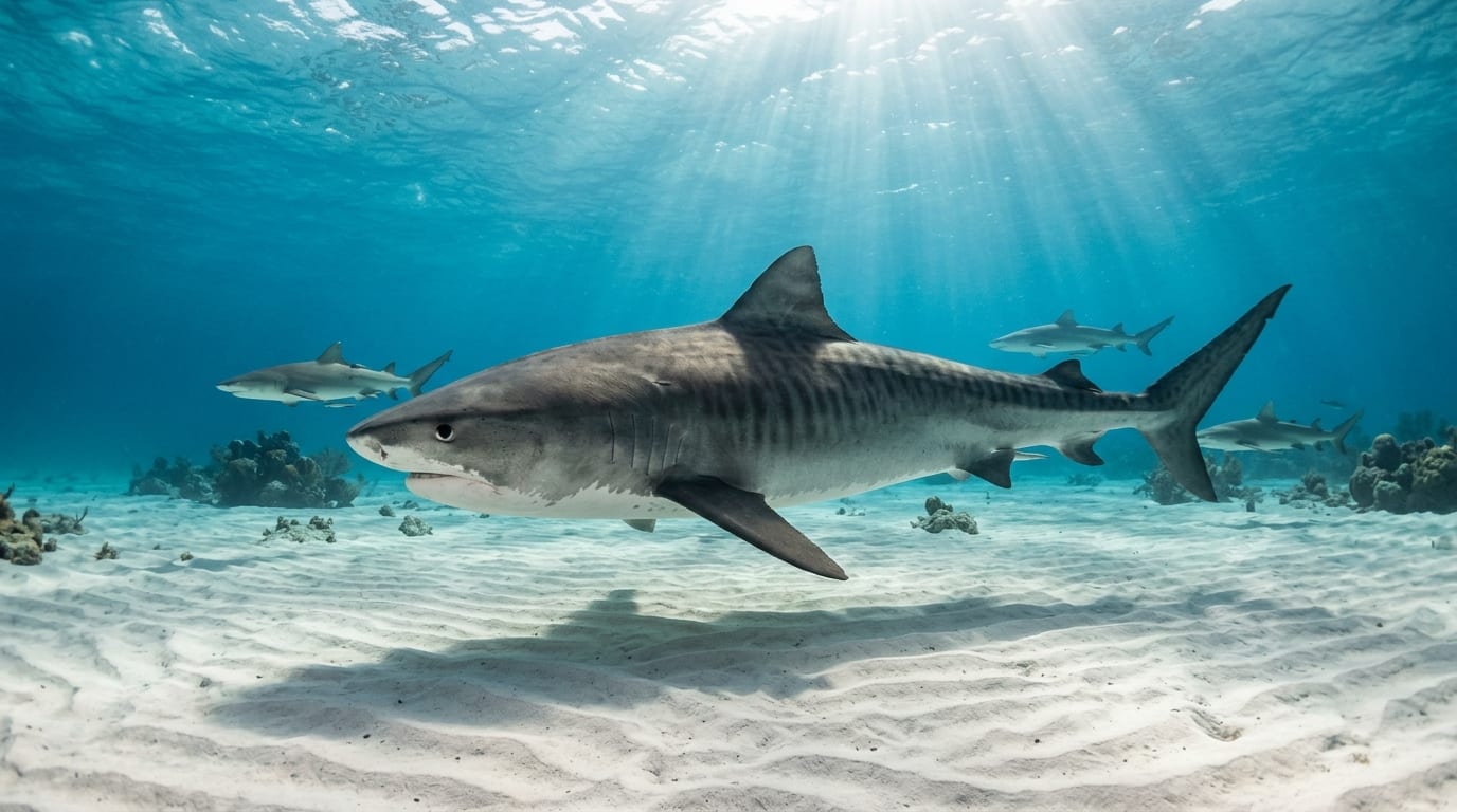 Large tiger shark swimming over white sand bottom with scuba divers kneeling in background at Tiger Beach Bahamas