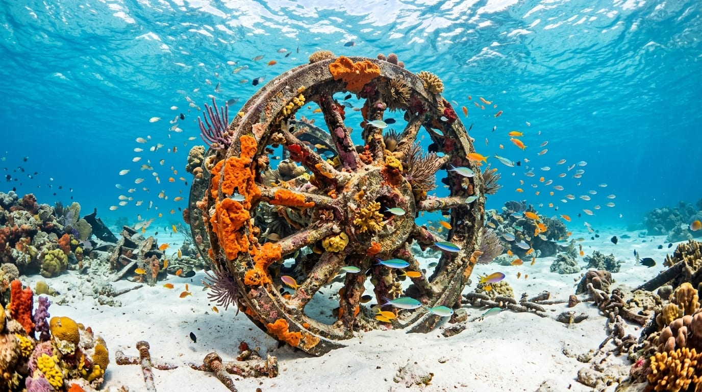 Historic train wheel covered in coral and sponges resting on white sand seabed with tropical fish swimming around