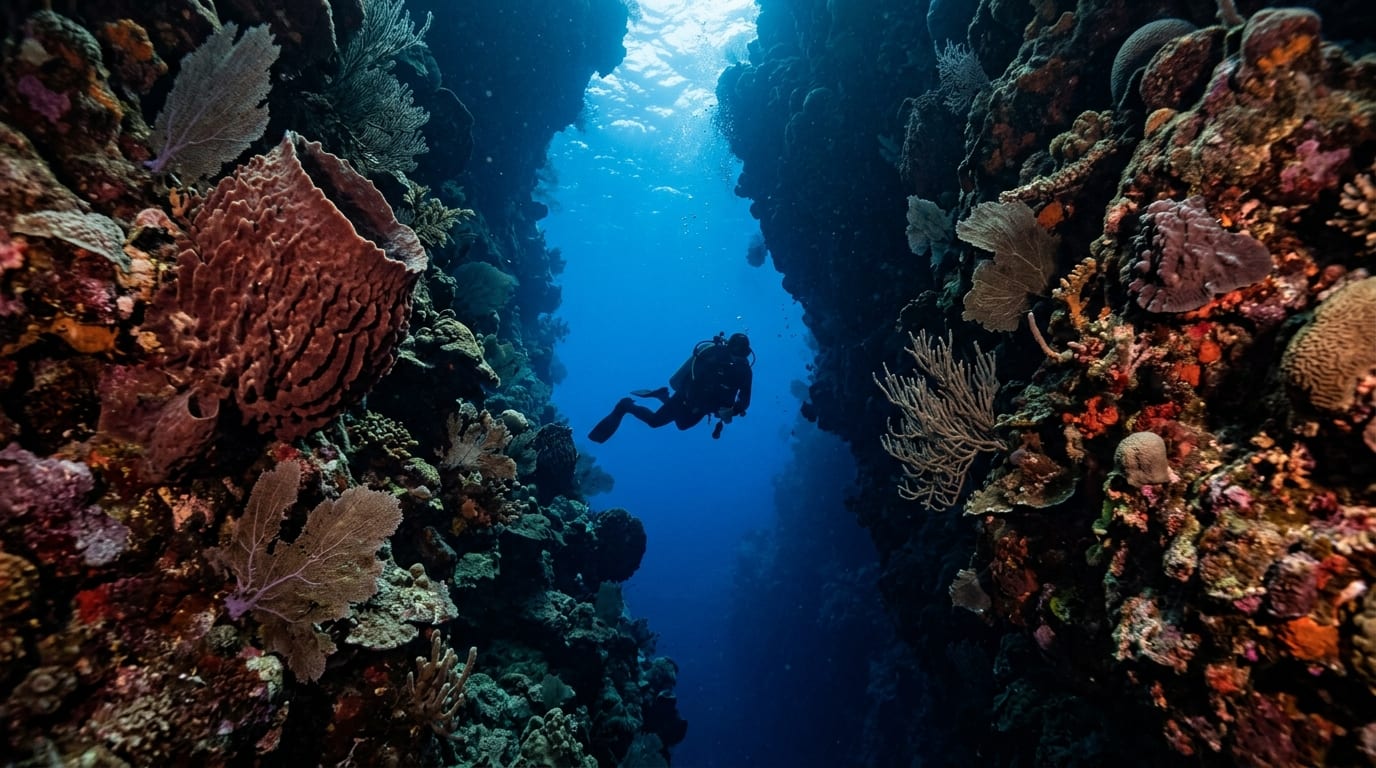 Scuba diver emerging from a coral fissure swim-through onto the vertical wall of the Tongue of the Ocean at Turnbull's Gut dive site in Andros Bahamas