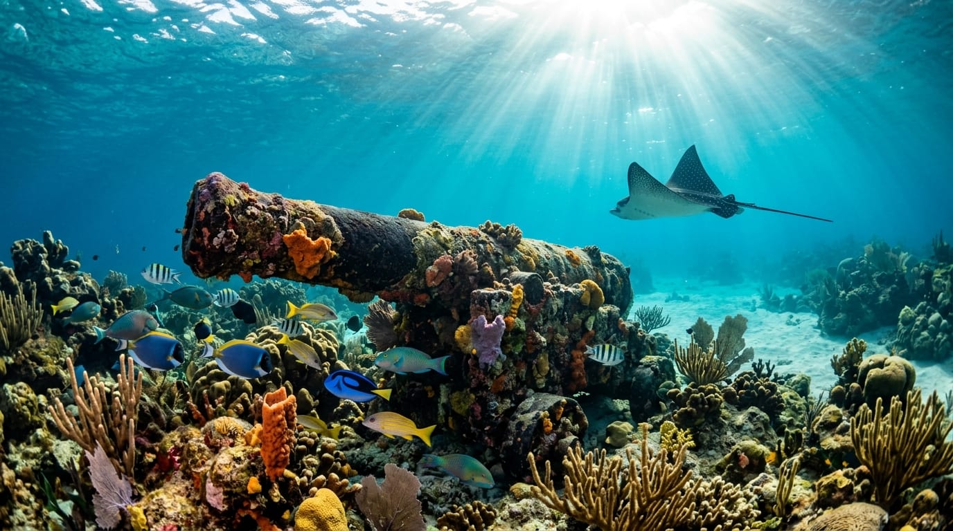 A coral-encrusted Civil War cannon from the USS Adirondack wreck lying on the reef in clear Abaco waters