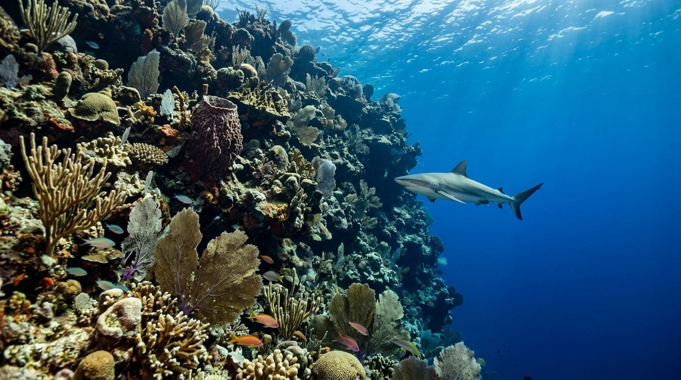Dramatic coral wall at Victory Reef dropping into deep blue Gulf Stream waters with a Caribbean reef shark cruising past coral formations