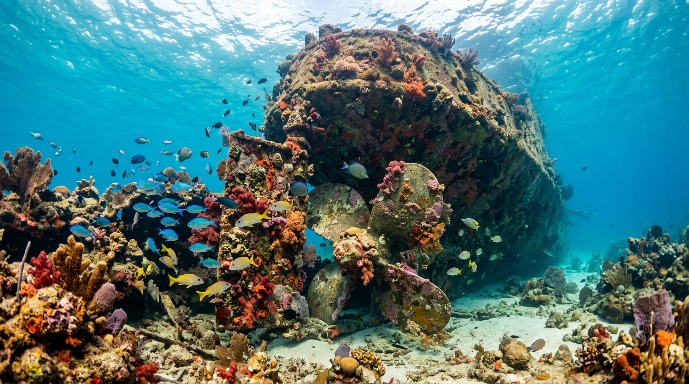 Colourful coral-covered structures of the Willaurie wreck with tropical fish swimming around the historic mailboat