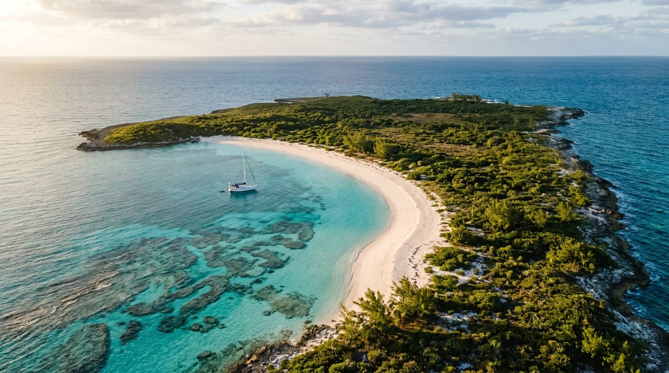 Aerial view of Conception Island showing West Bay Beach, turquoise waters, and uninhabited wilderness stretching to the horizon