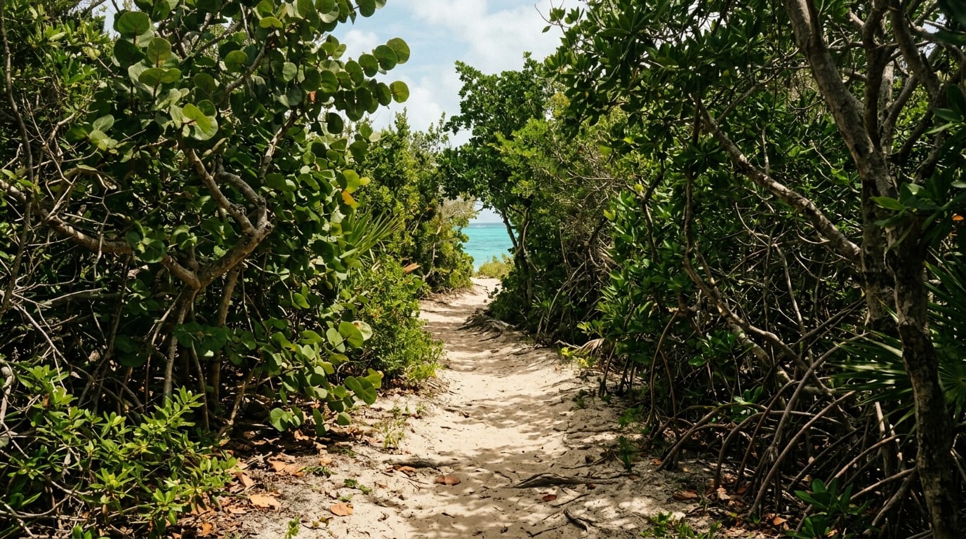 Bimini Nature Trail winding through native vegetation on South Bimini with mangroves and tropical plants lining the sandy path